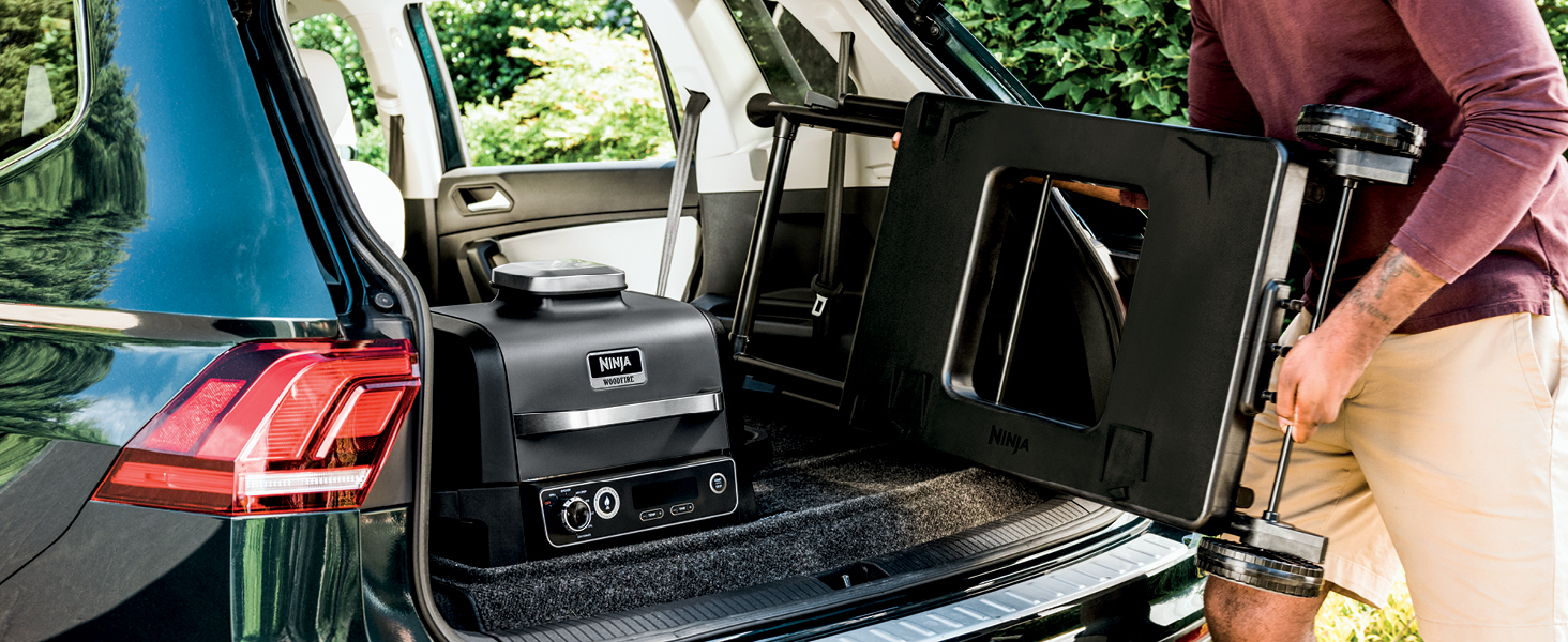 This sturdy, folding grill stand with wheels makes it easy to take your cookout anywhere.