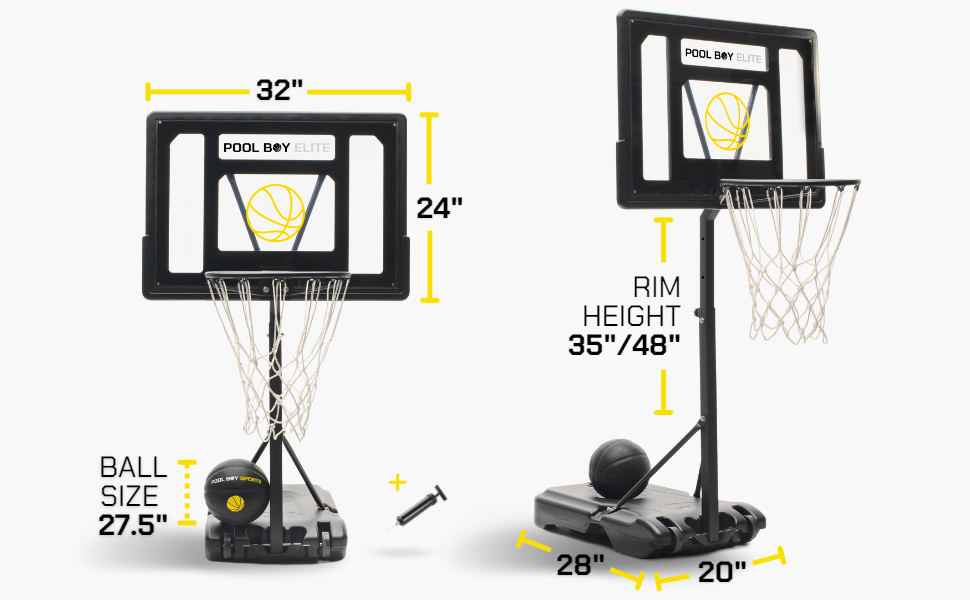 size chart and dimensions of the pool boy sports basketball goal for pools