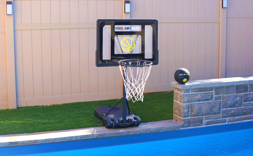 front facing portrait image of pool boy sports signature pool basketball hoop