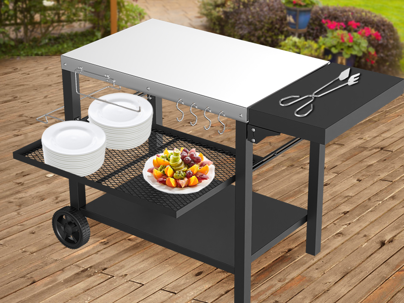 Grill Cart,Outdoor Grill Table,Pizza Oven Stand Table,Three-Shelf Food Prep and Work Cart 