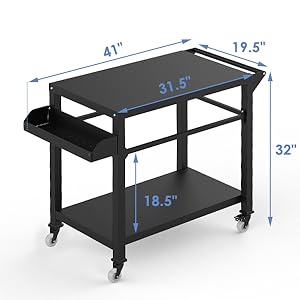 Outdoor Grill Cart Pizza Oven Stand, BBQ Prep Table with Wheels for home patio cooking