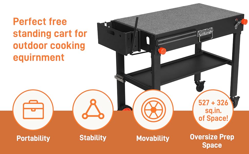 Perfect free standing cart for outdoor cooking equirnment